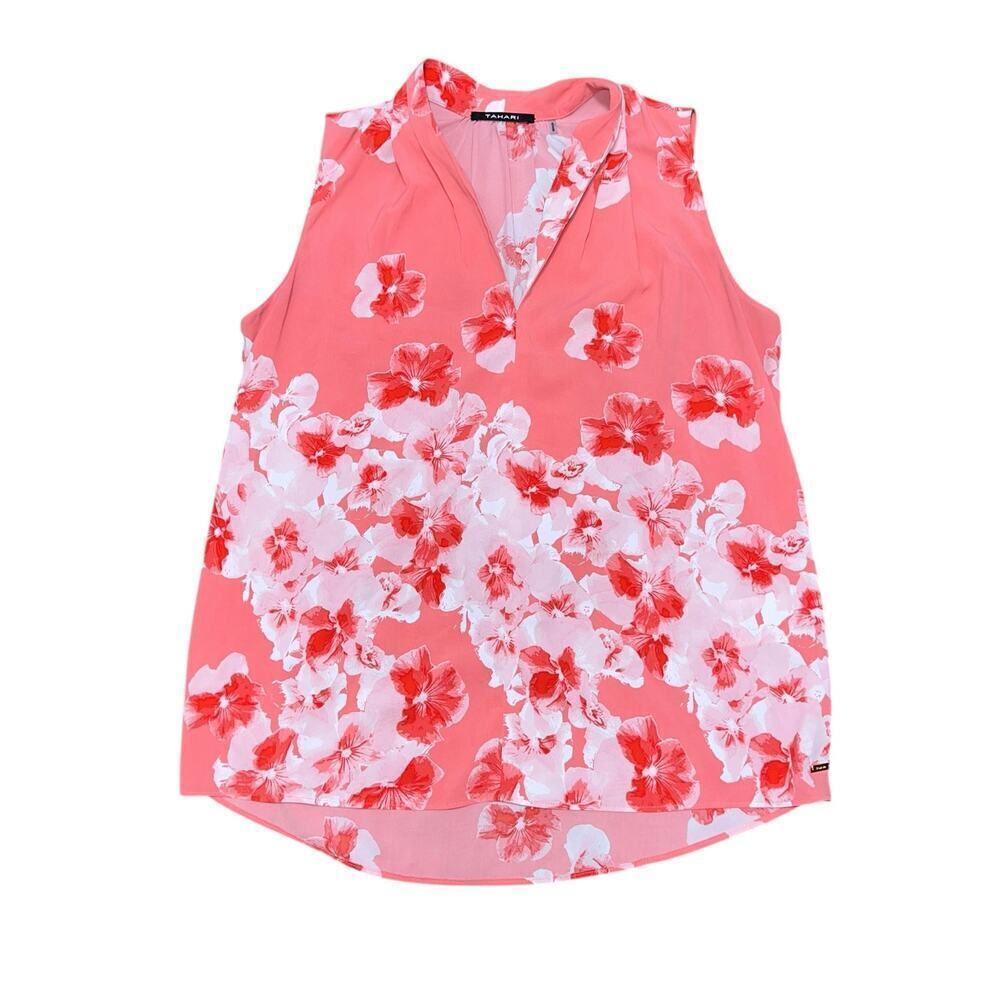 TAHARI Sleeveless Pink, White, & Red Floral Print V-Neck Blouse Size S